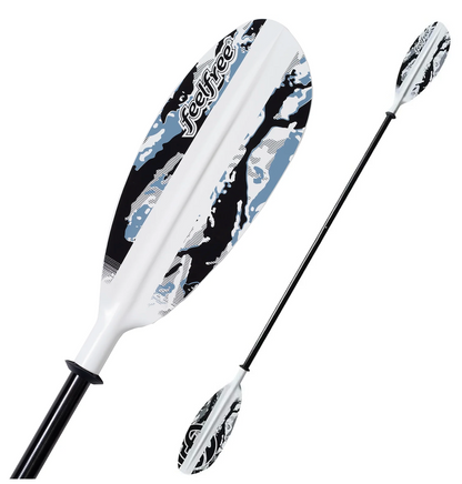 Kayak paddle with black and white camouflage design on a white background